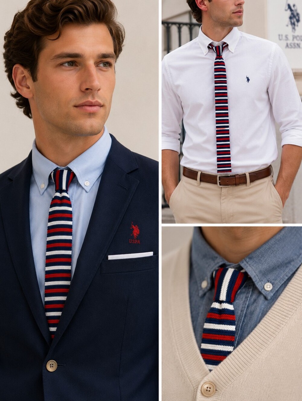 U.S. Polo Assn. Navy, Red & White Striped Knit Tie
